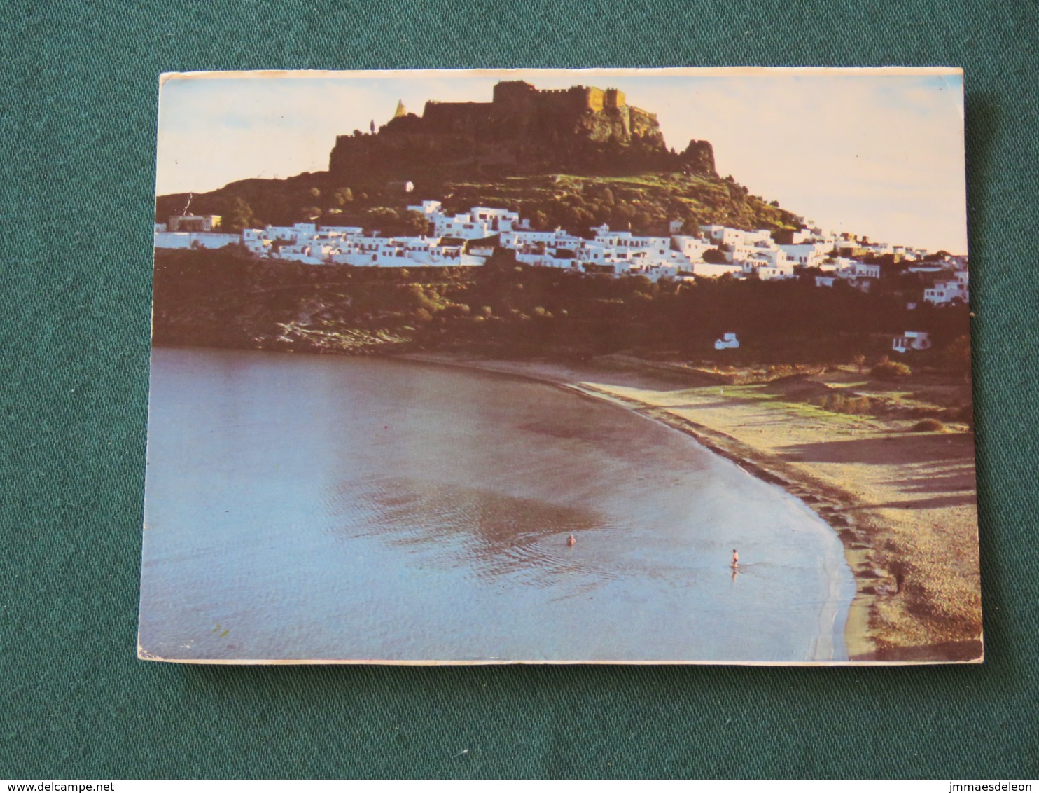 Greece 1984 Postcard " Lindos - Beach With Acropolis On Background " To England - Railway Bridge - Grèce