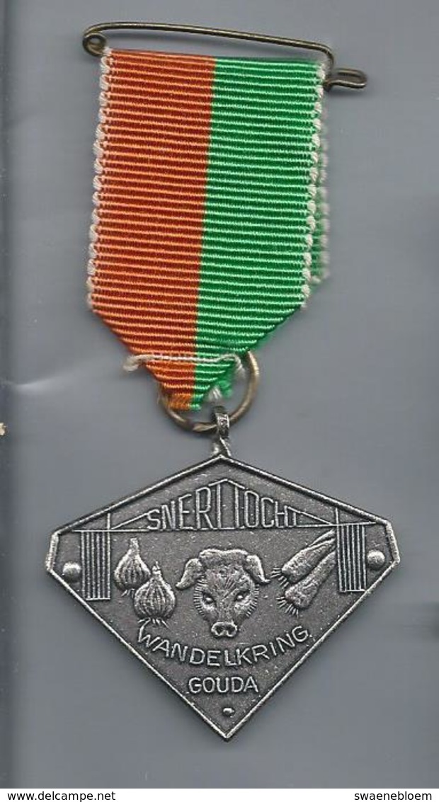 NL.- MEDAILLE. WANDELMEDAILLE. SNERT TOCHT. WANDELKRING GOUDA. WORTELS. VARKENSKOP. UIEN. Pins - Andere & Zonder Classificatie