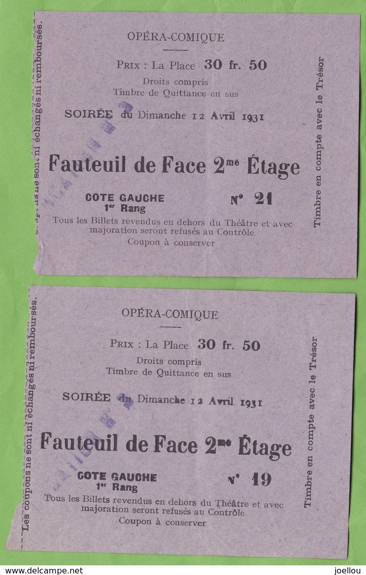 2 Tickets Entrée Opéra Comique 12 Avril 1931 Paris Ticket Billet - Tickets D'entrée