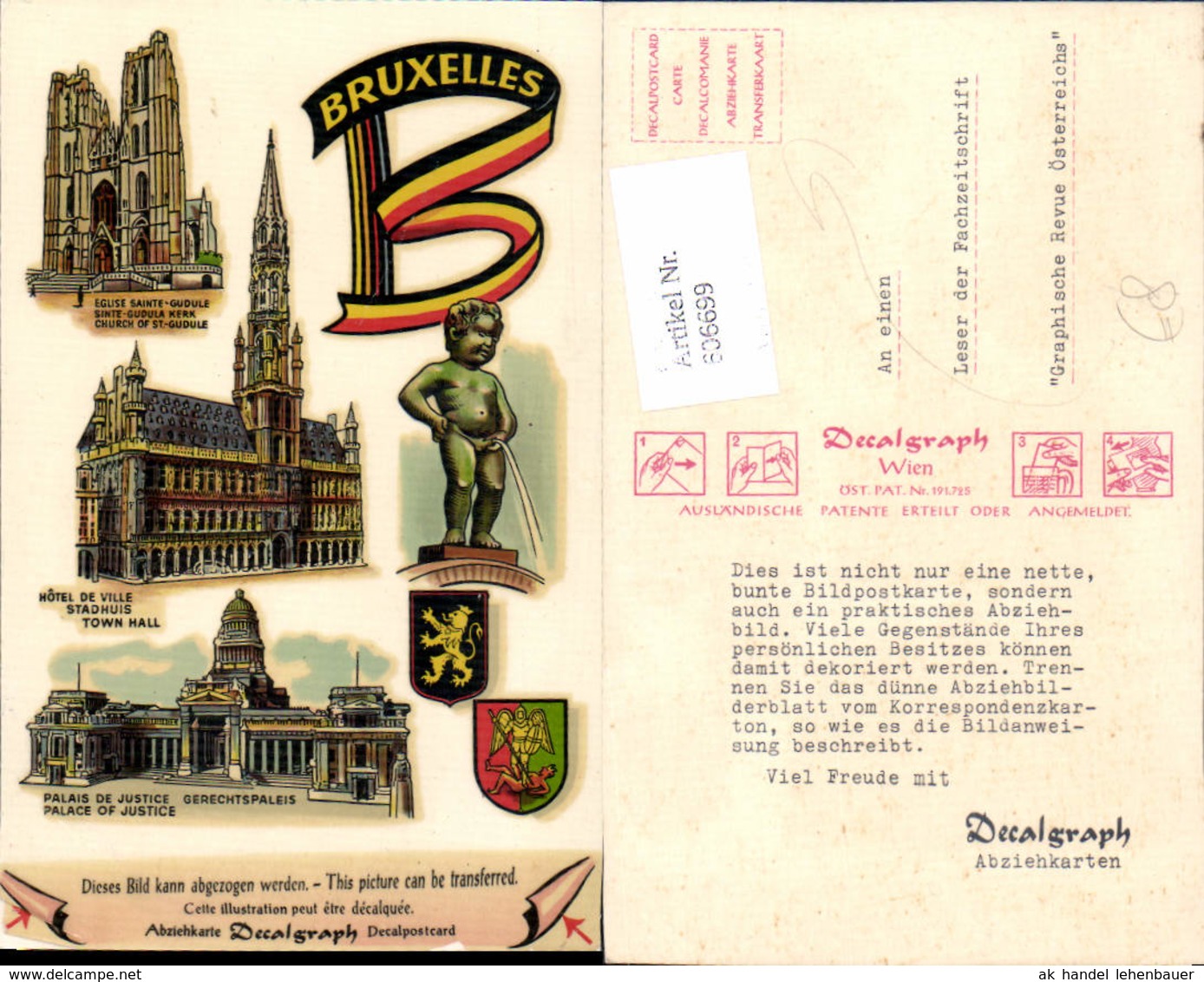 606699,DECALPOSTCARD Abziehkarte Br&uuml;ssel Bruxelles Belgium - Sonstige & Ohne Zuordnung