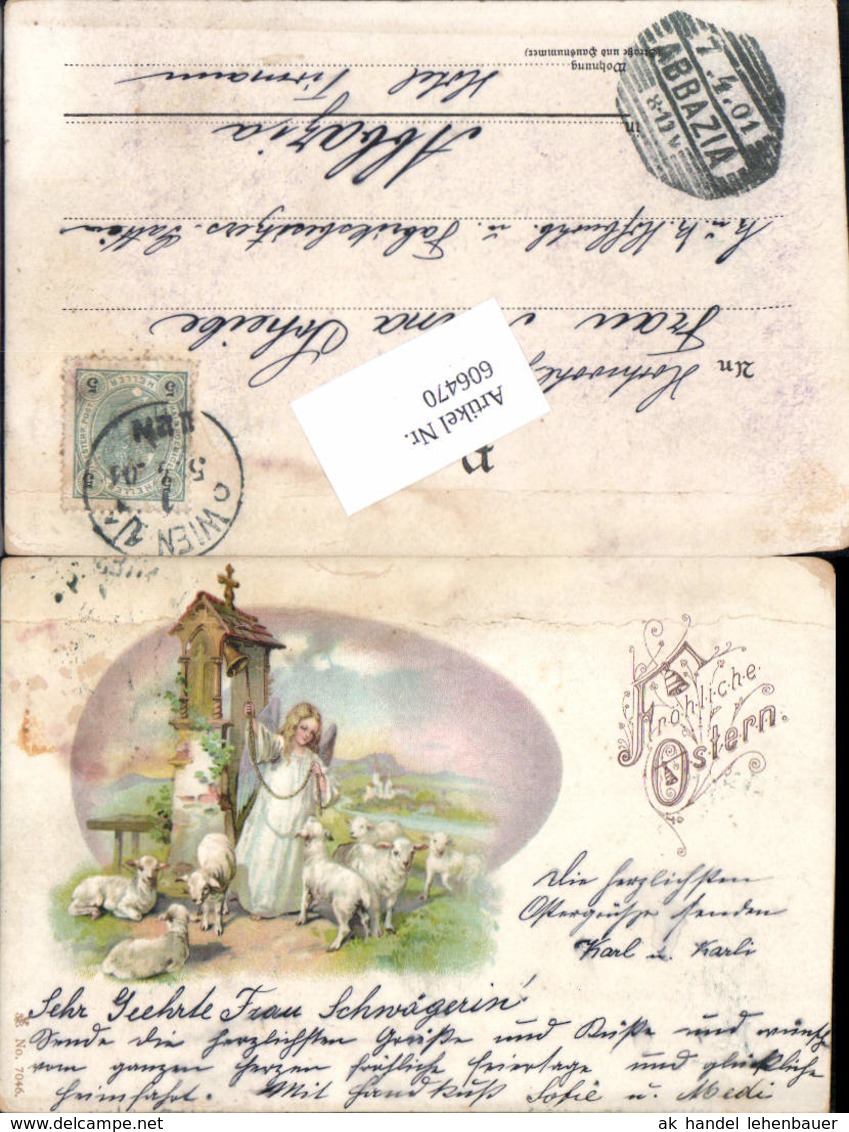 606470,Lithographie Ostern Engel Glocke Schafe Stp. Abbazia - Ostern