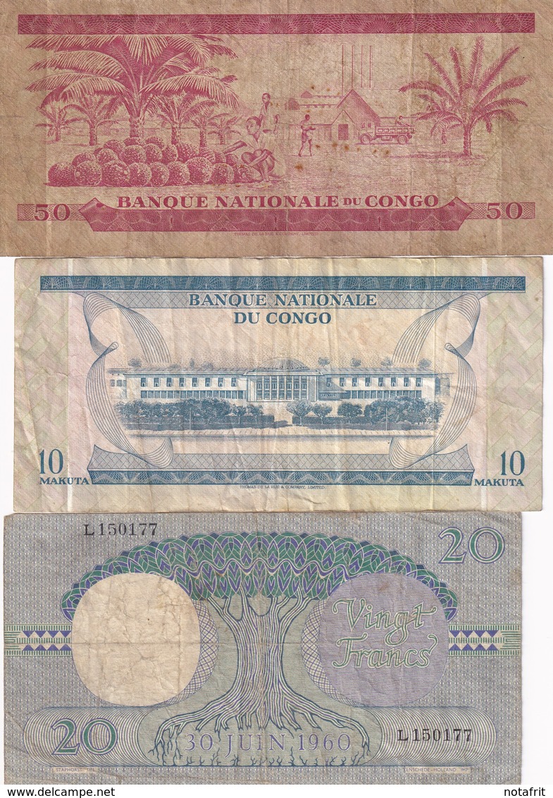 Congo Ex Belgian  3 Used Notes - République Démocratique Du Congo & Zaïre