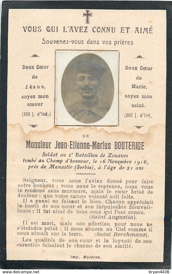 2° BATAILLON De ZOUAVES D'ORAN - ZOUAVE Jean-Etienne BOUTERICE - Tué Le 16 Novembre 1916 à MONASTIR - SERBIE - IN MEMORI - Guerre 1914-18