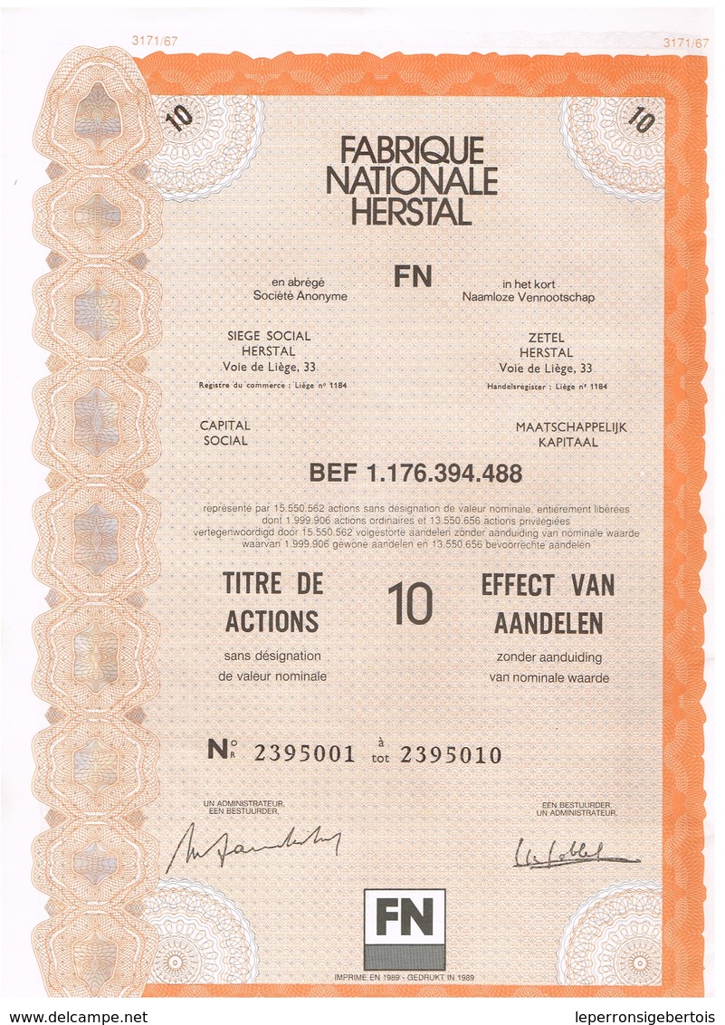 Titre Ancien - Fabrique Nationale Herstal "FN"  Société Anonyme  - Titre De 1989 - Industry