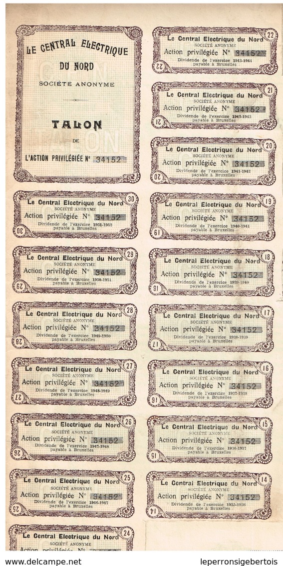 Titre Ancien - Le Central Electrique Du Nord Société Anonyme  - Titre De 1929 - N° 34152 - Electricité & Gaz