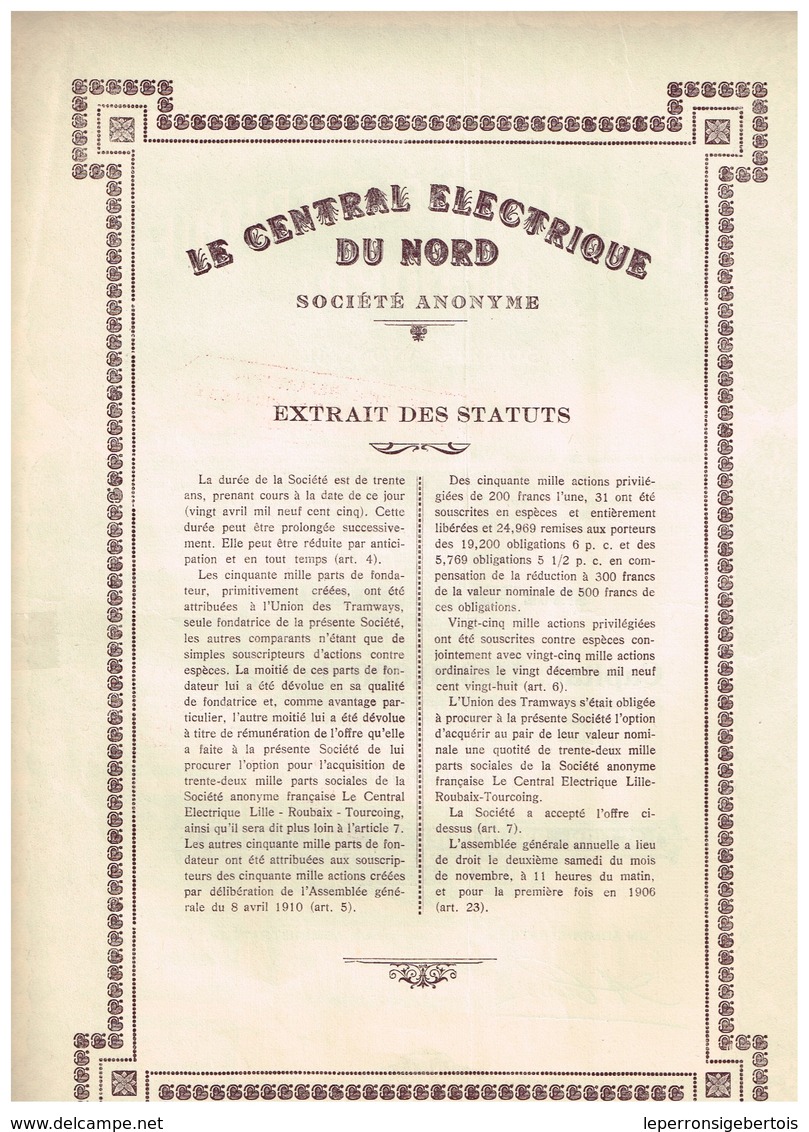 Titre Ancien - Le Central Electrique Du Nord Société Anonyme  - Titre De 1929 - N° 34152 - Electricité & Gaz