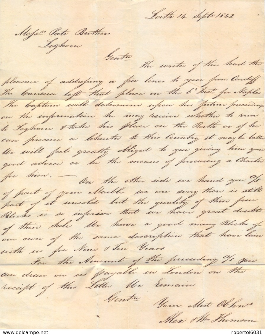 Gran Bretagna 1842 Lettera Da Leith Per Livorno Bolli PAID + VIA DI PT BEAUVOISIN + CALAIS Rosso - Storia Postale