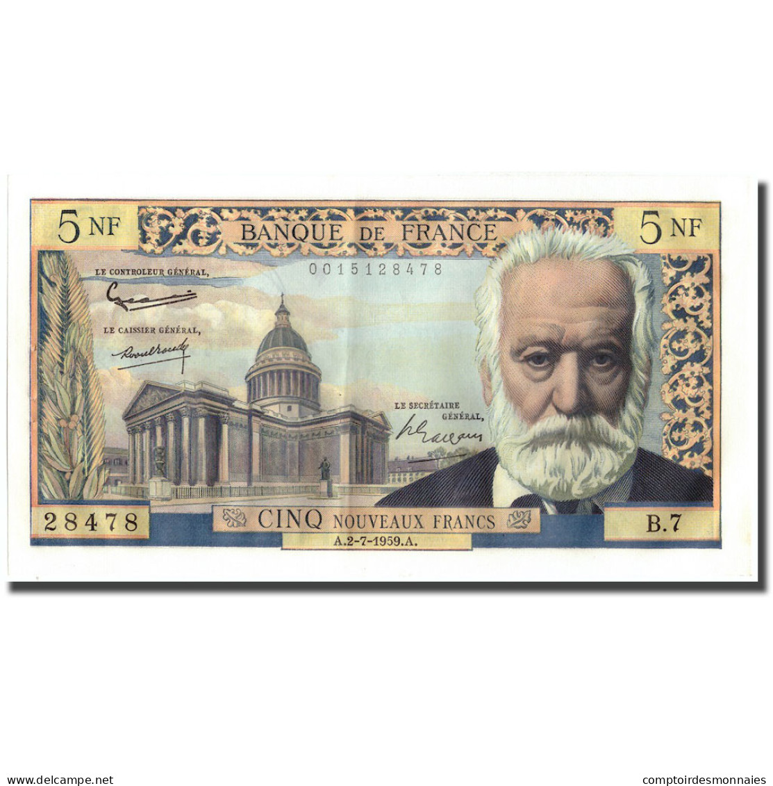 France, 5 Nouveaux Francs, Victor Hugo, 1959, 1959-07-02, SPL, Fayette:56.2 - 5 NF 1959-1965 ''Victor Hugo''