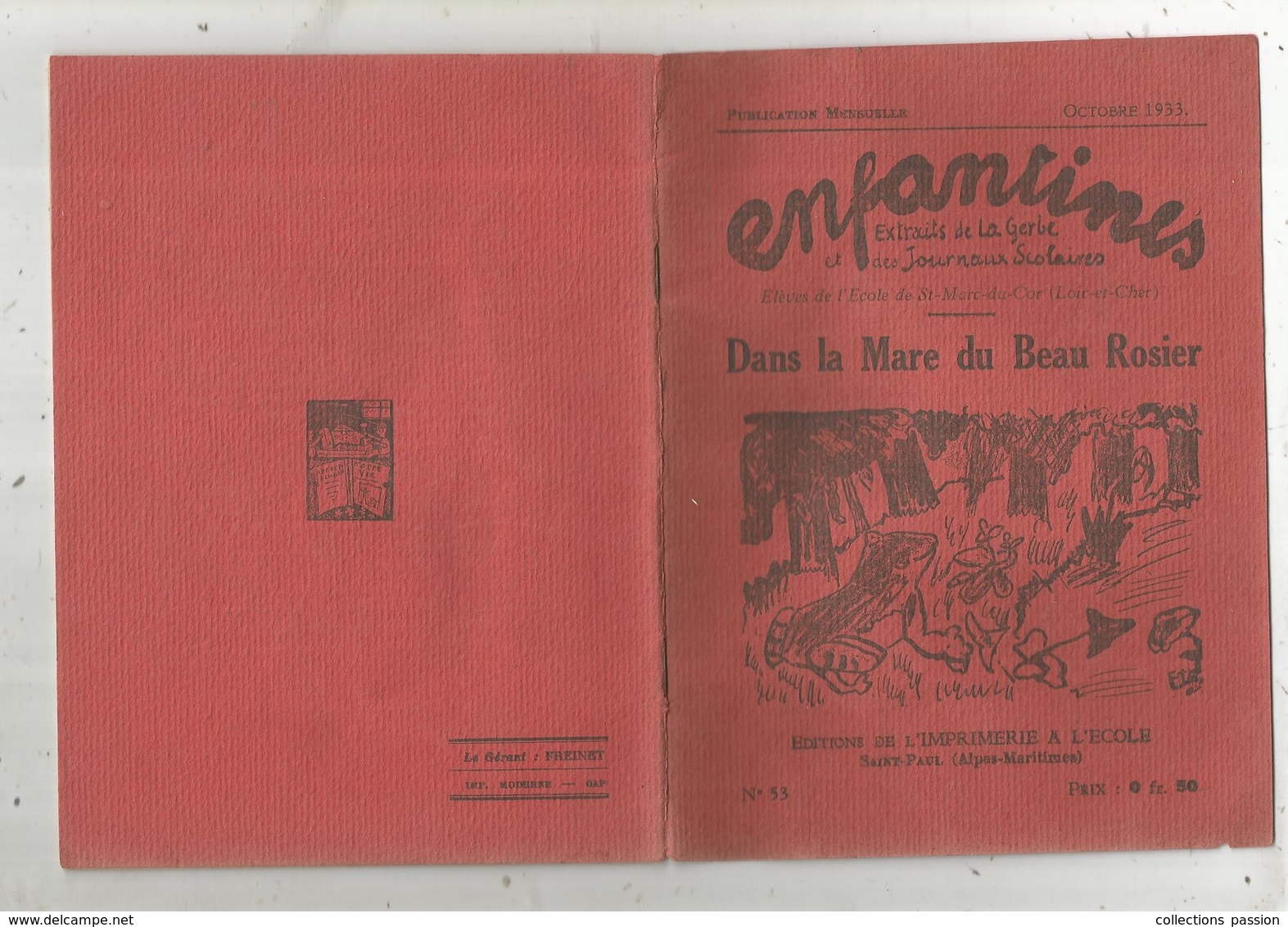 Publication Mensuelle , 1933, N° 53,ENFANTINES , Dans La Mare Du Beau Rosier, Illustrations ,4 Scans  ,frais Fr :3.15 E - 6-12 Years Old