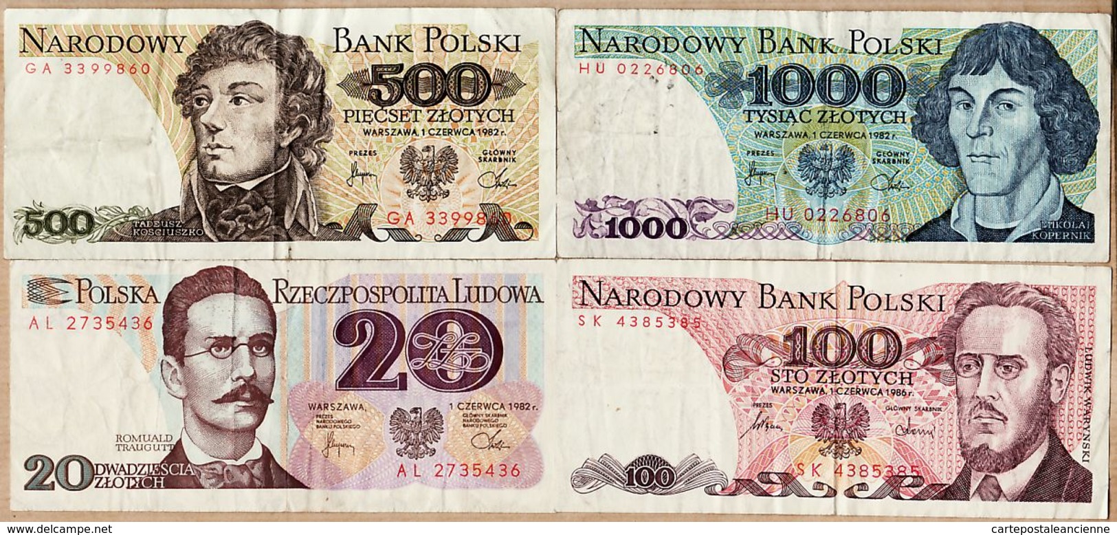 Euc092 Lot De 4 Billets Polonais (3) De 1982 Et (1) 1986 NARODOWY BANK POLSKI 1000-500-100-20 ZLOTYCH - Pologne