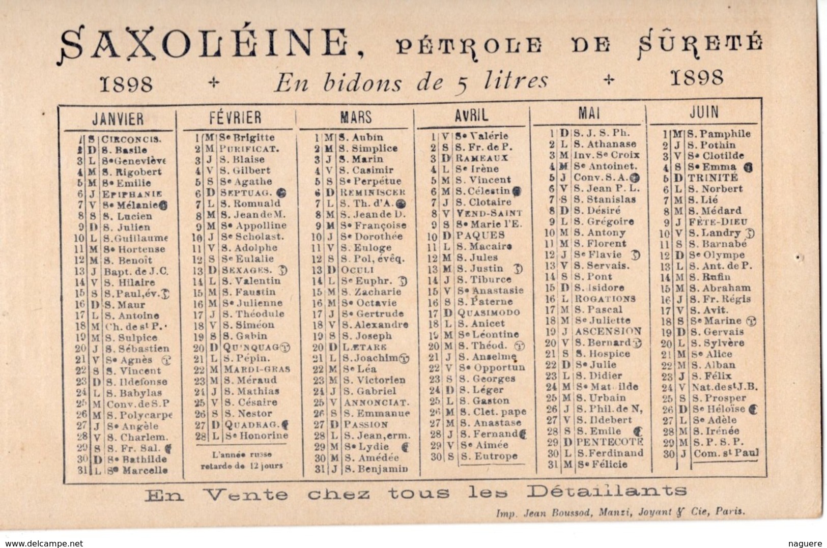 SAXOLEINE  ECLAIRAGE DE LUXE ET DE SURETE  CALENDRIER AU DOS 1898 - Publicité