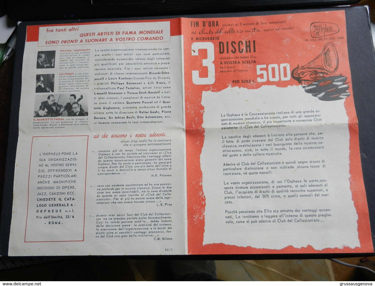 6c) PUBBLICITA' DISCHI MUSICA CLASSICA CLUB COLLEZIONISTA 1958 CIRCA - Altri Oggetti