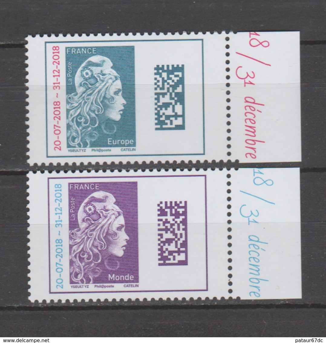 FRANCE / 2018 / Y&T N° 5270/5271 ** : Marianne De Digan (surchargées) TVP Europe/Monde X 1 Paire BdF D (inscriptions) - Unused Stamps