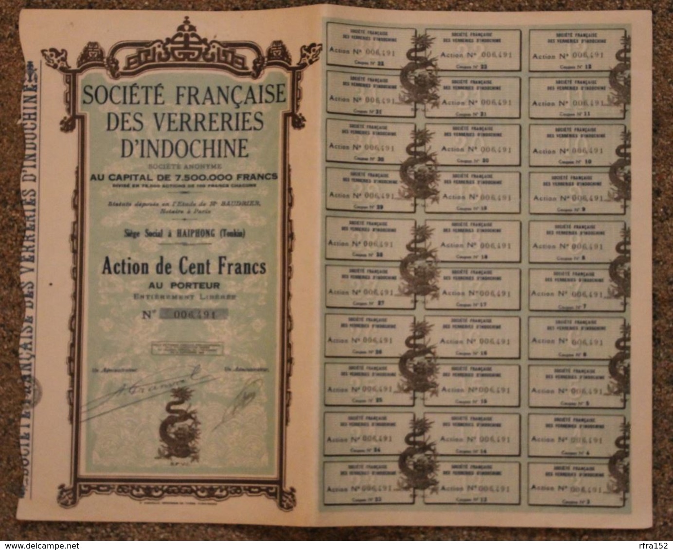 RFRA152 Scripophilie Actions - Stocks & Bonds Actions S. FRANCAISE DES VERRERIES D'INDOCHINE HAIPHONG TONKIN - Autres & Non Classés