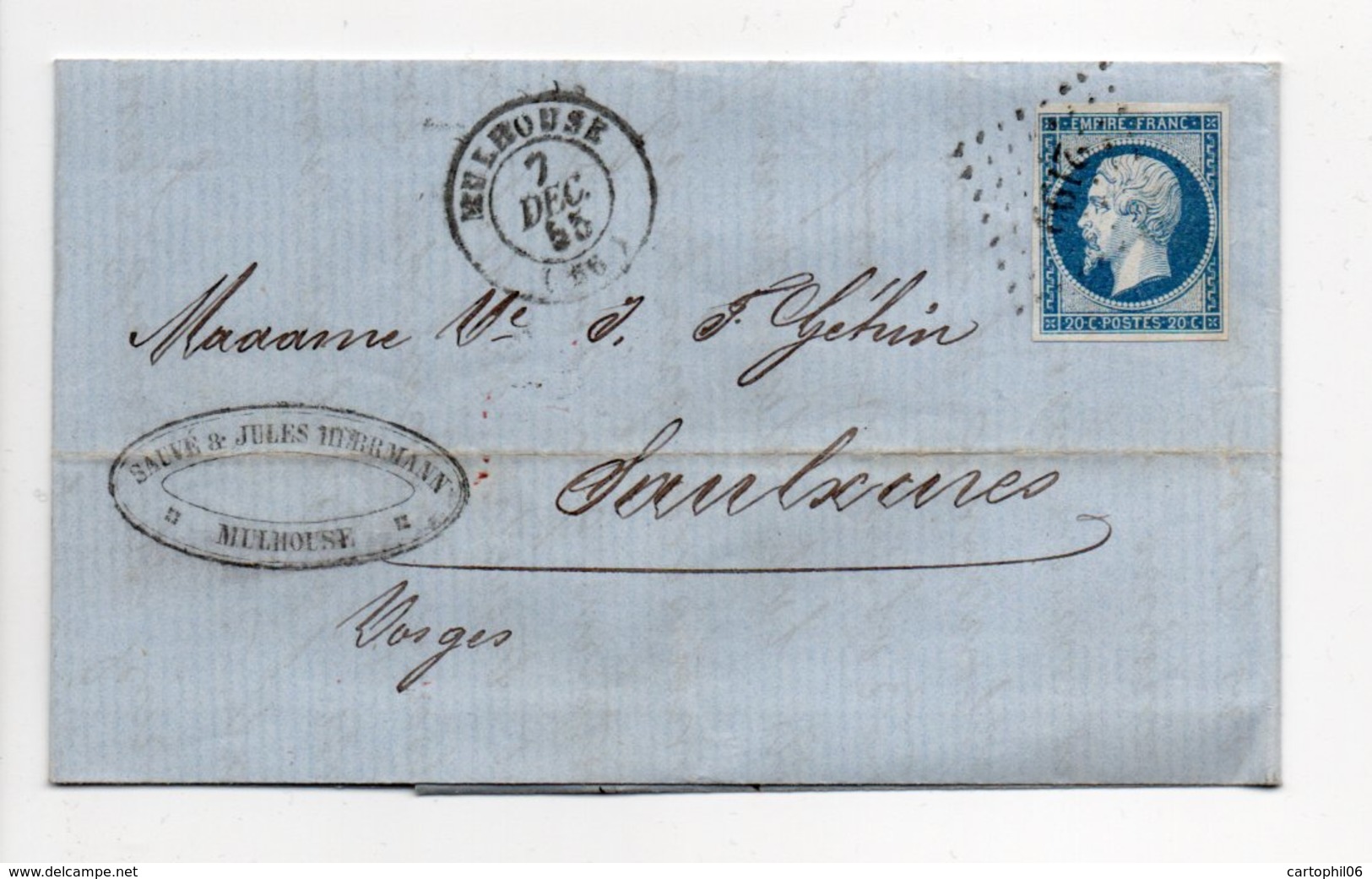 - Lettre COTONS & FILÉS SAUVÉ & HERRMANN, MULHOUSE Pour SAULXURES 7.12.1855 - 20 C. Napoléon III Ob. Losange PC 2199 - 1849-1876: Klassik