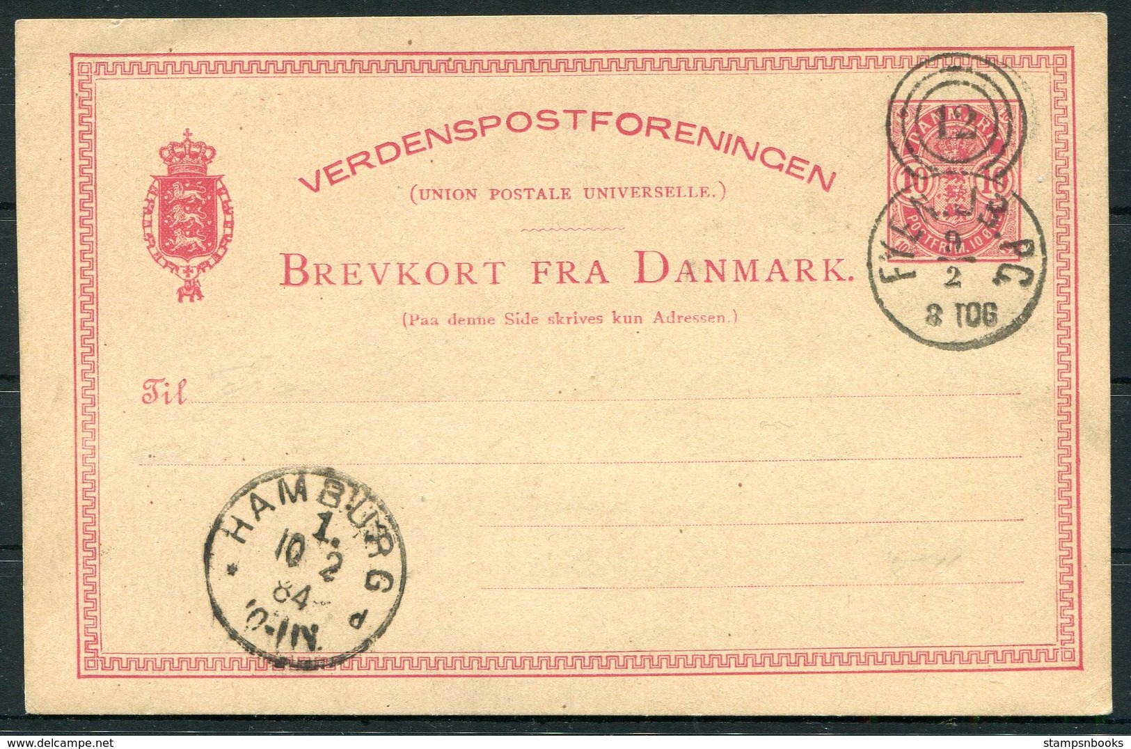 1884 Denmark 10ore Stationery Postcard Lapidarstempler Railway FYEN.JB.PC 12 Tog 8 - Hamburg - Cartas & Documentos