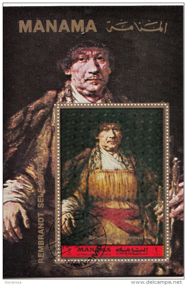 Manama 1972 Mi. Bf. 199a  "Autoritratto Con Bastone"  Quadro Dipinto Rembrandt CTO Barocco Paintings Tableaux - Manama