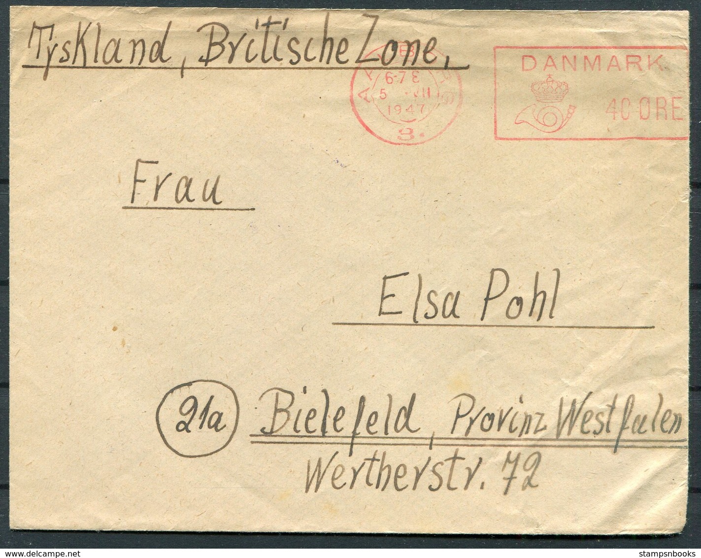 1947 Denmark Aalborg Lager Internment DP Camp Luftvaernskontoret Franking Machine Cover - Bielefeld Germany - Covers & Documents