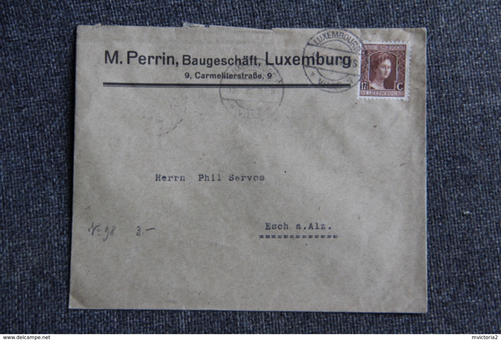 Timbre Sur Lettre Publicitaire : LUXEMBOURG, Mr PERRIN, Baugeschaft , LUXEMBURG. Cachet Esch Sur Alzette Verso - Luxemburg
