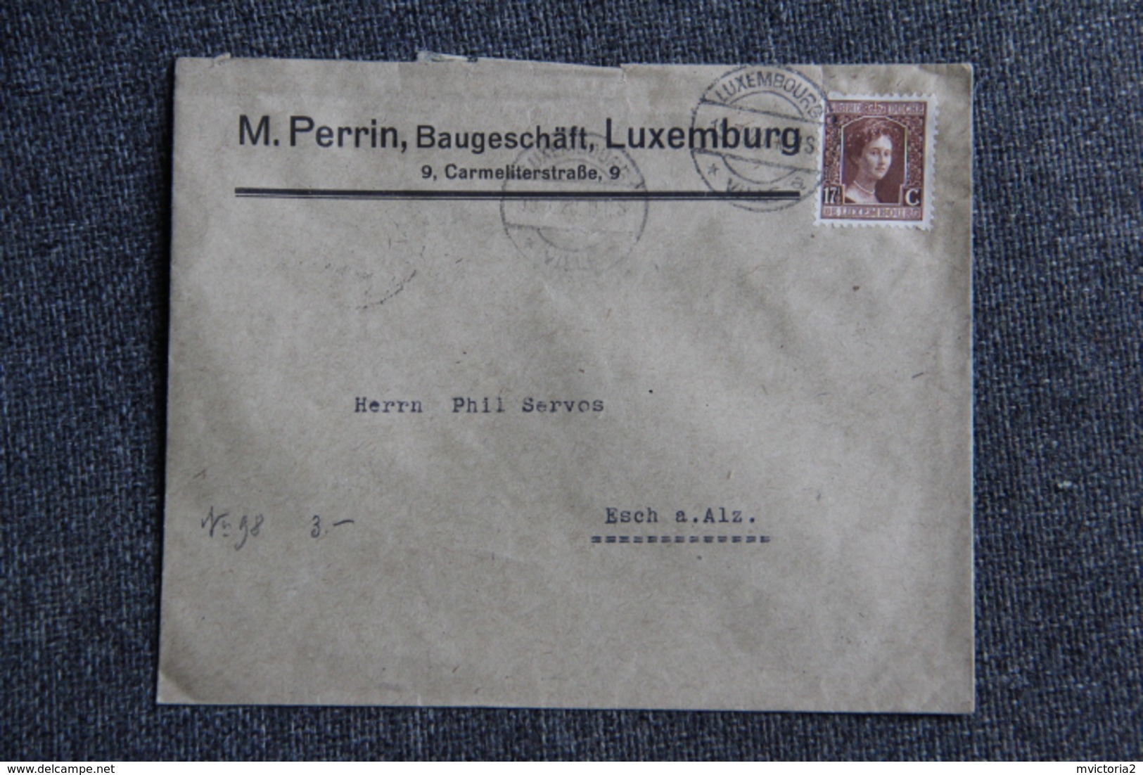 Timbre Sur Lettre Publicitaire : LUXEMBOURG, Mr PERRIN, Baugeschaft , LUXEMBURG. Cachet Esch Sur Alzette Verso - Luxembourg