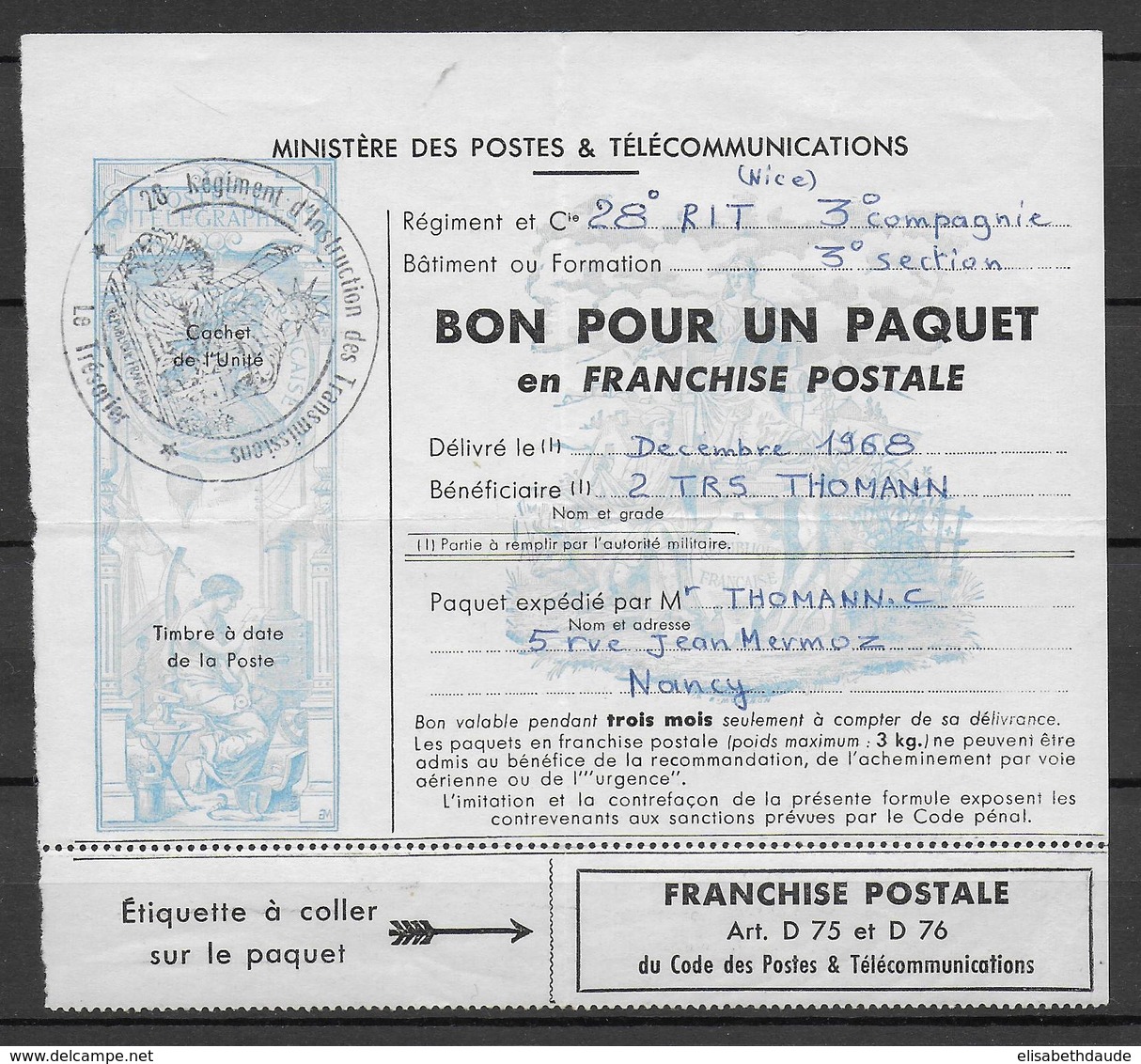 FRANCHISE MILITAIRE POUR COLIS - 1968 - YVERT N° 15 OBLITERE Du 28° REGIMENT D'INSTRUCTION Des TRANSMISSIONS - Francobolli  Di Franchigia Militare