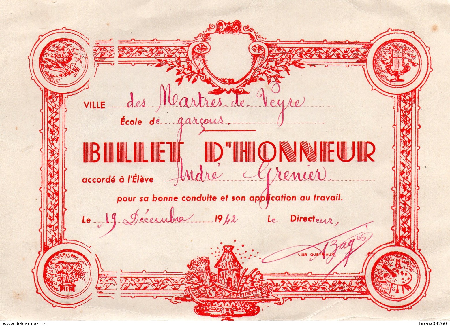 Billet D' Honneur-  Les Martres De Veyre( 63)- - Diplômes & Bulletins Scolaires