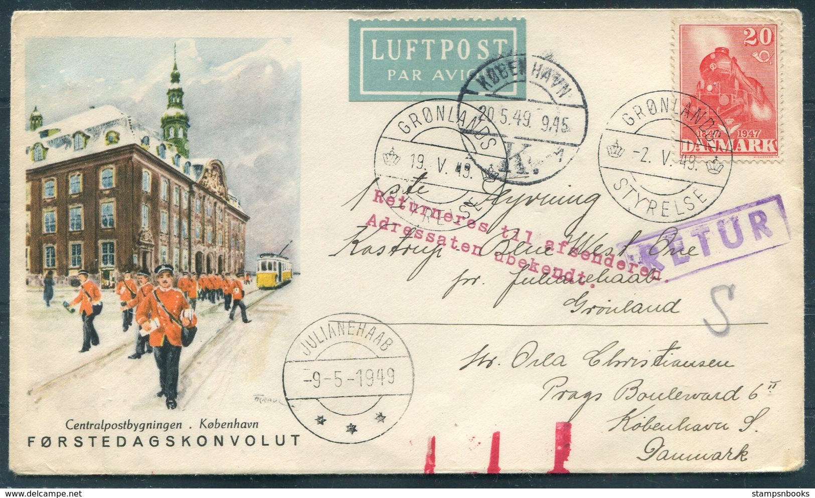 1949 Greenland / Denmark, Blue West One, First Flight Cover. Gronlands Styrelse Julianehaab Copenhagen - Covers & Documents