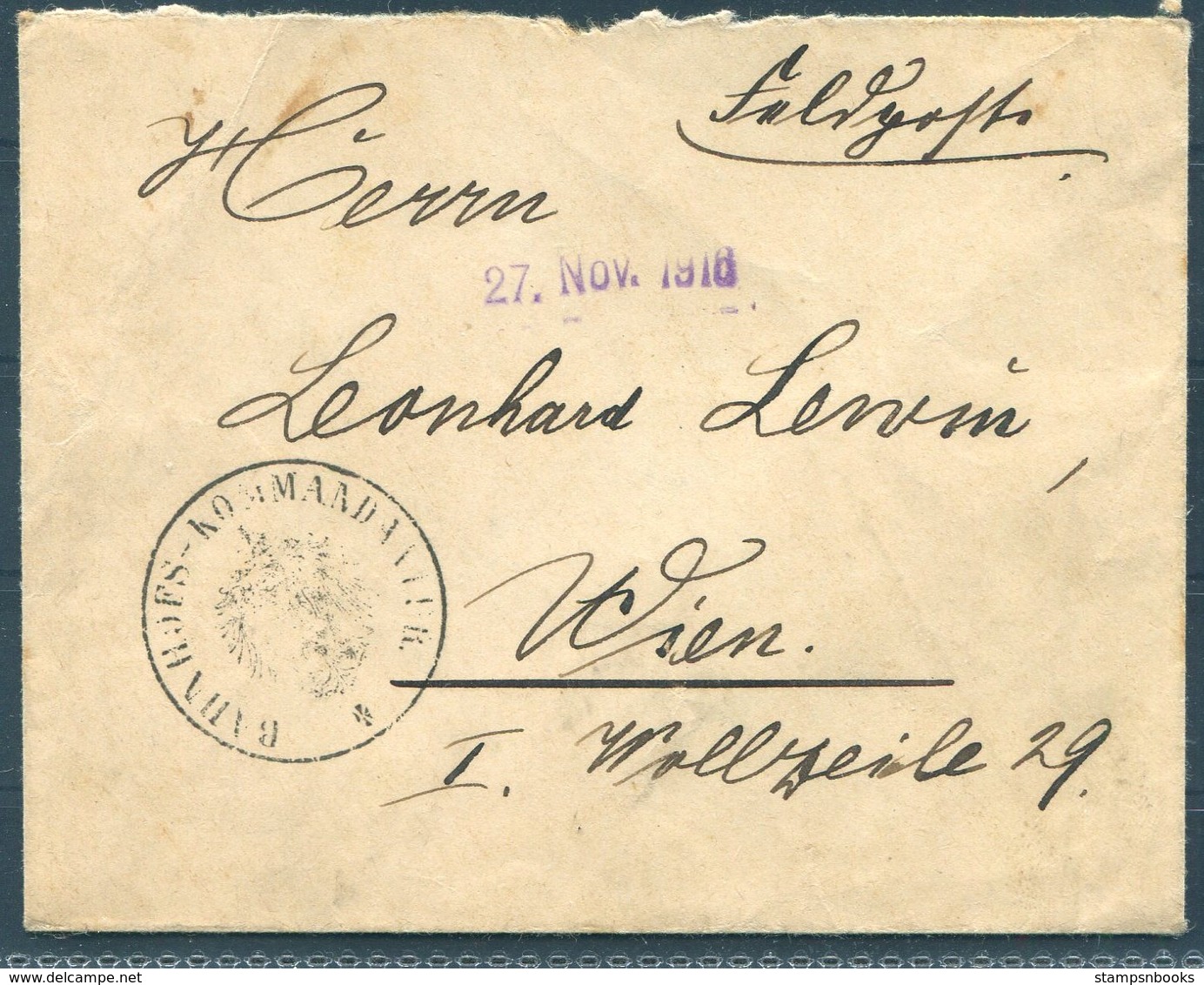 1916 Bahnhofs Komm. Feldpost Cover France - Wien. Eisenbahn Railway Train - Covers & Documents