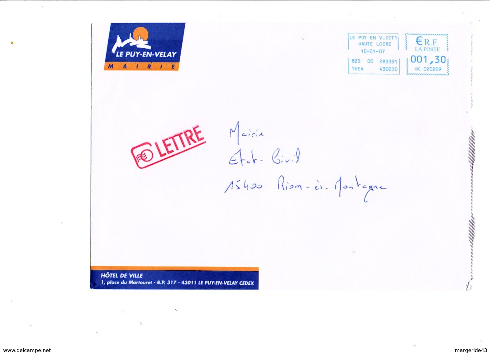 LETTRE DE MAIRIE DE LE PUY EN VELAY HAUTE LOIRE - 1961-....