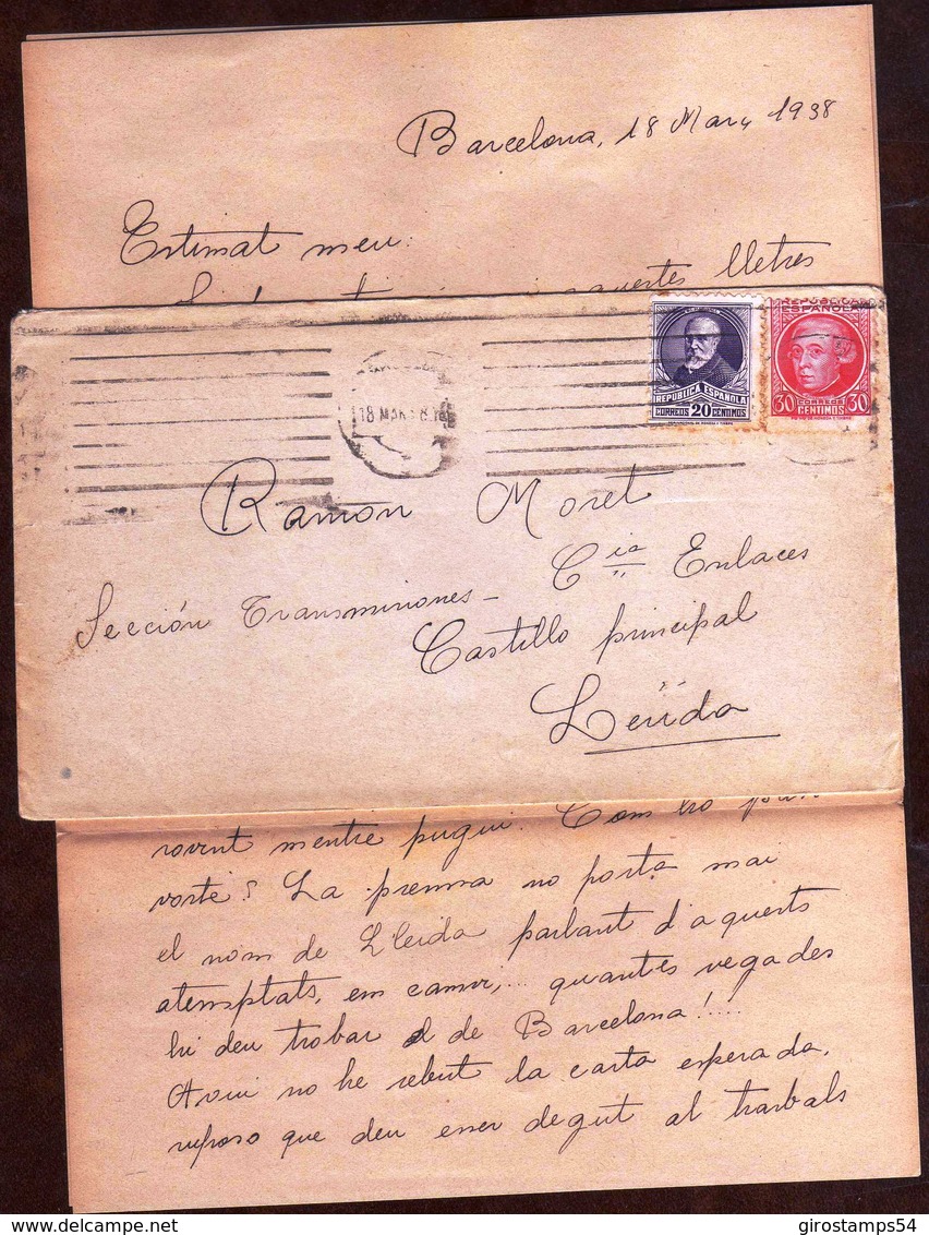 GIROSTAMPS54. CARTA REPUBLICANA CIRCULADA DESDE BARCELONA A LA SECCIÓN DE TRANSMISIONES DE LÉRIDA,TEXTO DE LA ÉPOC - Cartas & Documentos