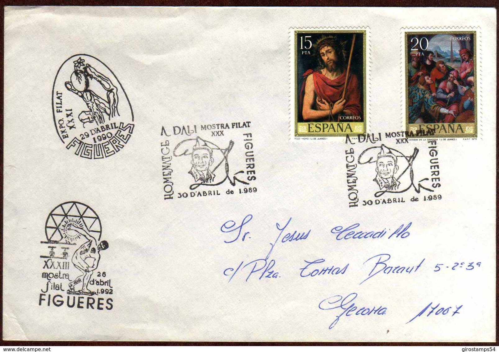 GIROSTAMPS54. CARTA CIRCULADA DE FIGUERAS A GIRONA CON DIFERENTES MATASELLOS DEL PINTOR  SALVADOR DALÍ - Lettres & Documents