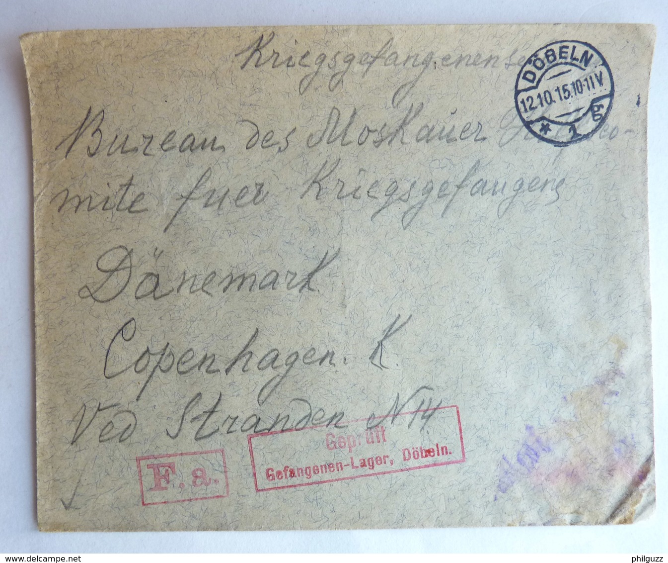 LETTRE DE PRISONNIER DE GUERRE Döblen AVEC CACHETS DE CENSURE A DESTINATION DE COPENHAGUE - WW1 (I Guerra Mundial)