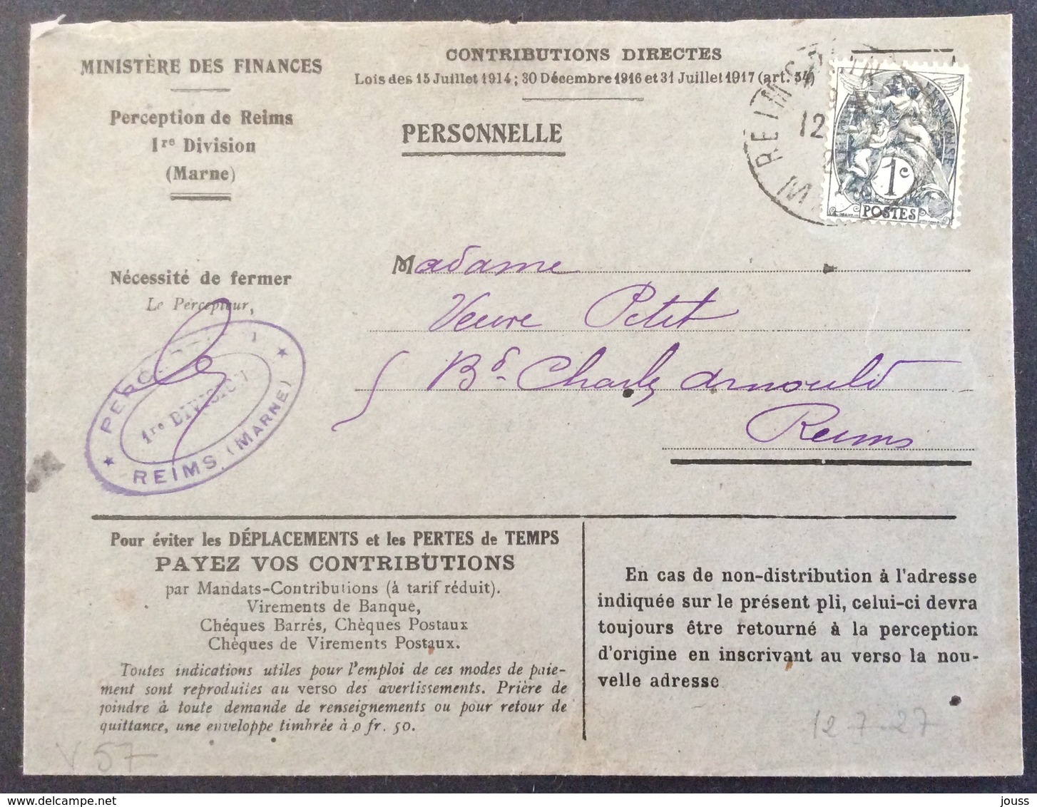 V57 Blanc 1c 107 Ministère Des Finances Contributions Directes Perception Reims 12/7/1927 - 1921-1960: Periodo Moderno