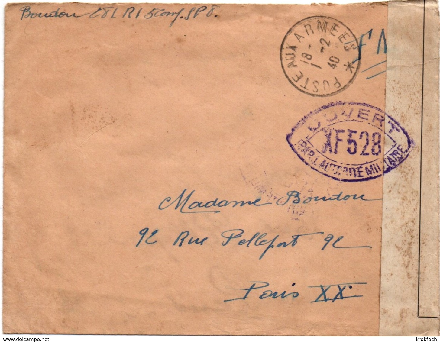 Censure XF 528 - Poste Aux Armées 01.02.1940 - Au Verso Bande Contrôle Postal Militaire - Guerre De 1939-45