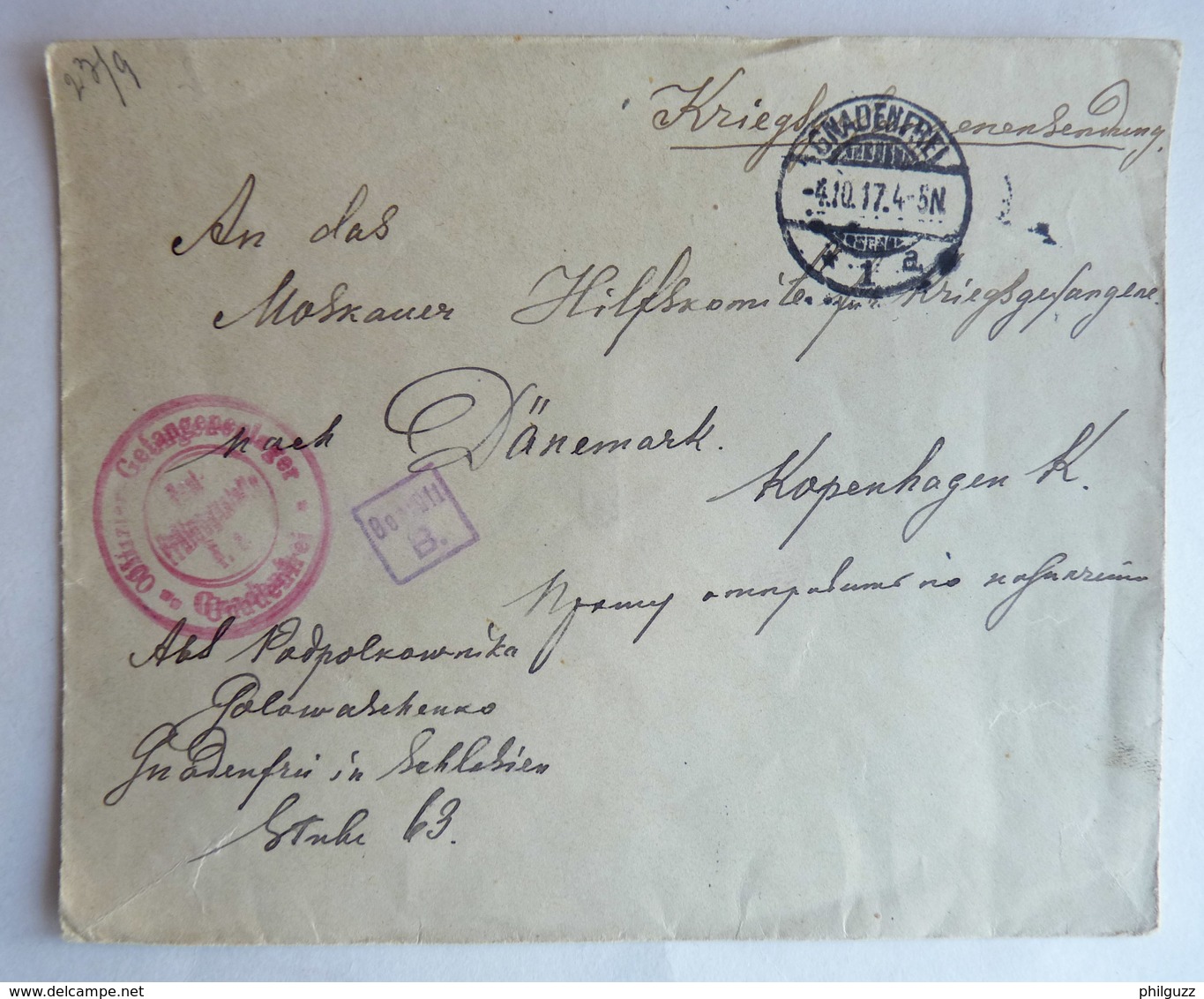 LETTRE DE PRISONNIER DE GUERRE Croix Rouge Danoise CACHET DE CENSURE - WO1