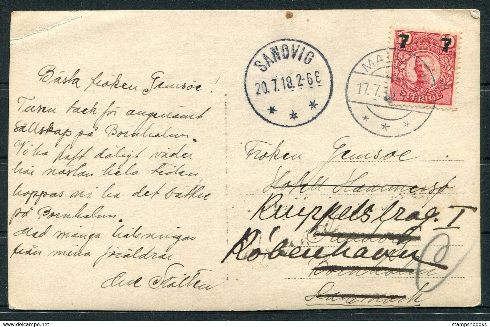 1918 Sweden Family Social History RP Postcard. Malmo - Denmark Redirected Sandvig Bornholm. 7/10ore Gustav Provisional - Covers & Documents