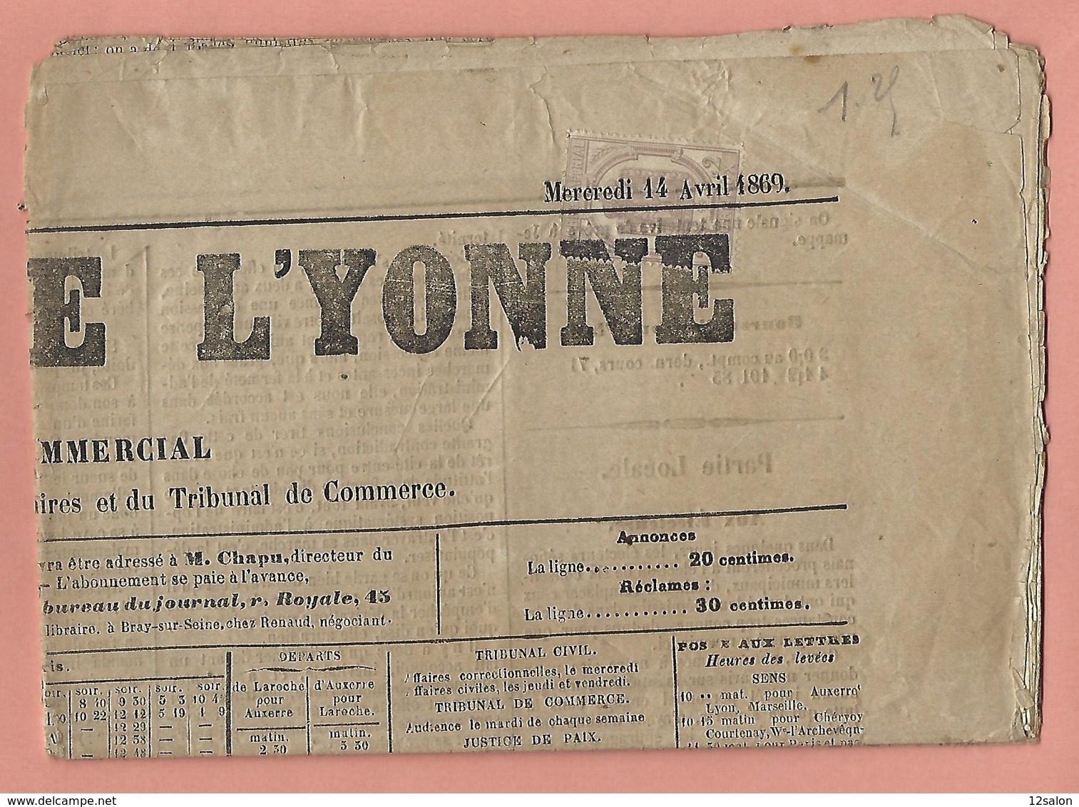 JOURNAL COMPLET COURRIER DE L'YONNE 14 Avril 1869 Avec TIMBRE - Journaux