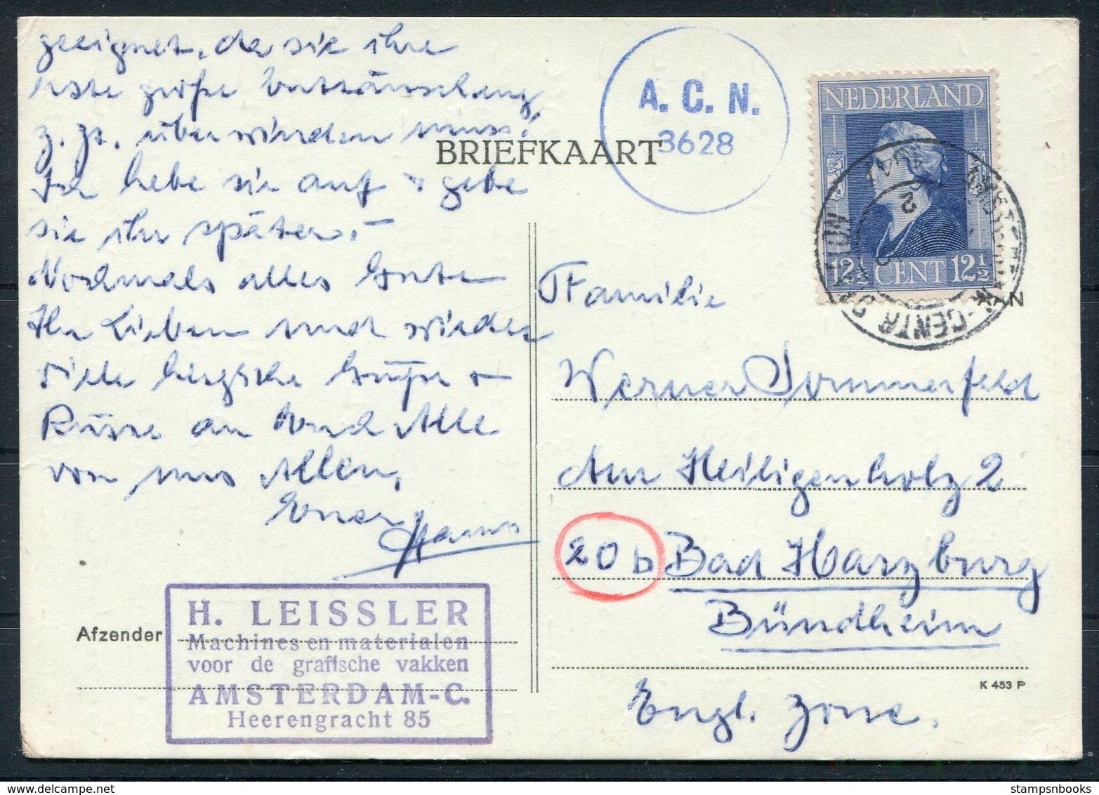 1947 Netherlands Amsterdam Central Station, Leissler Vakken Postcard Censor - Bad Harzburg, Germany - Covers & Documents