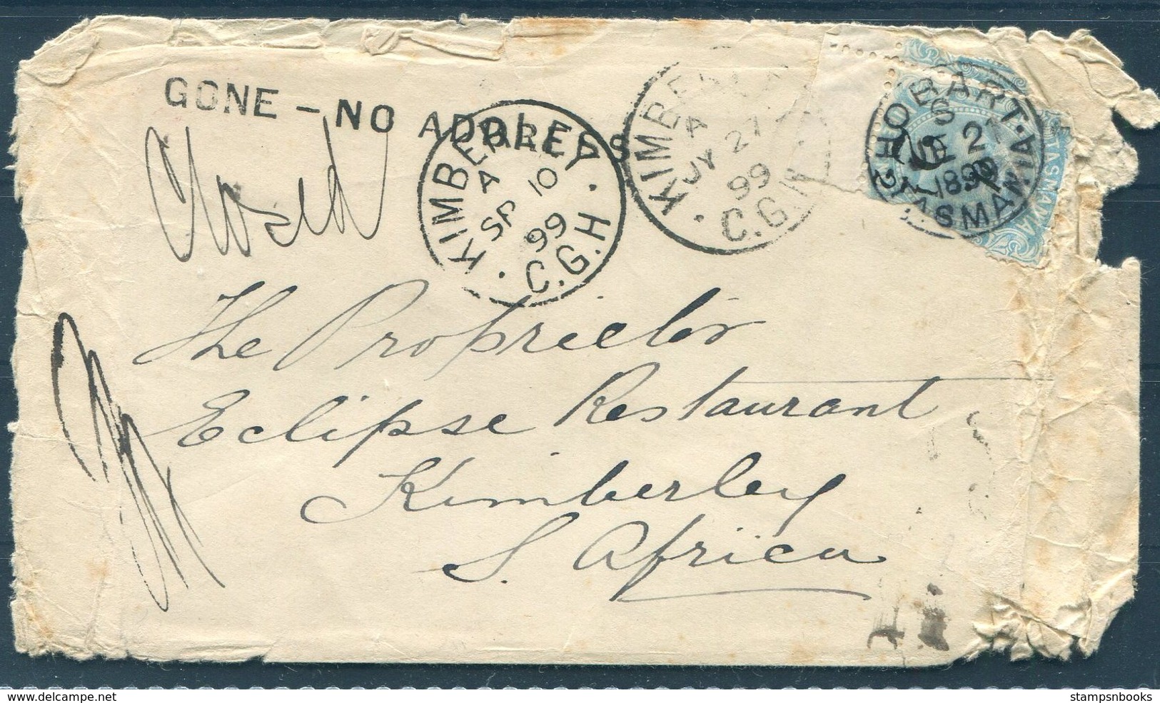 1899 Tasmania Hobart Cover Eclipse Restaurant, Kimberley South Africa Redirected Durban "GONE - NO ADDRESS" Cachet - Covers & Documents