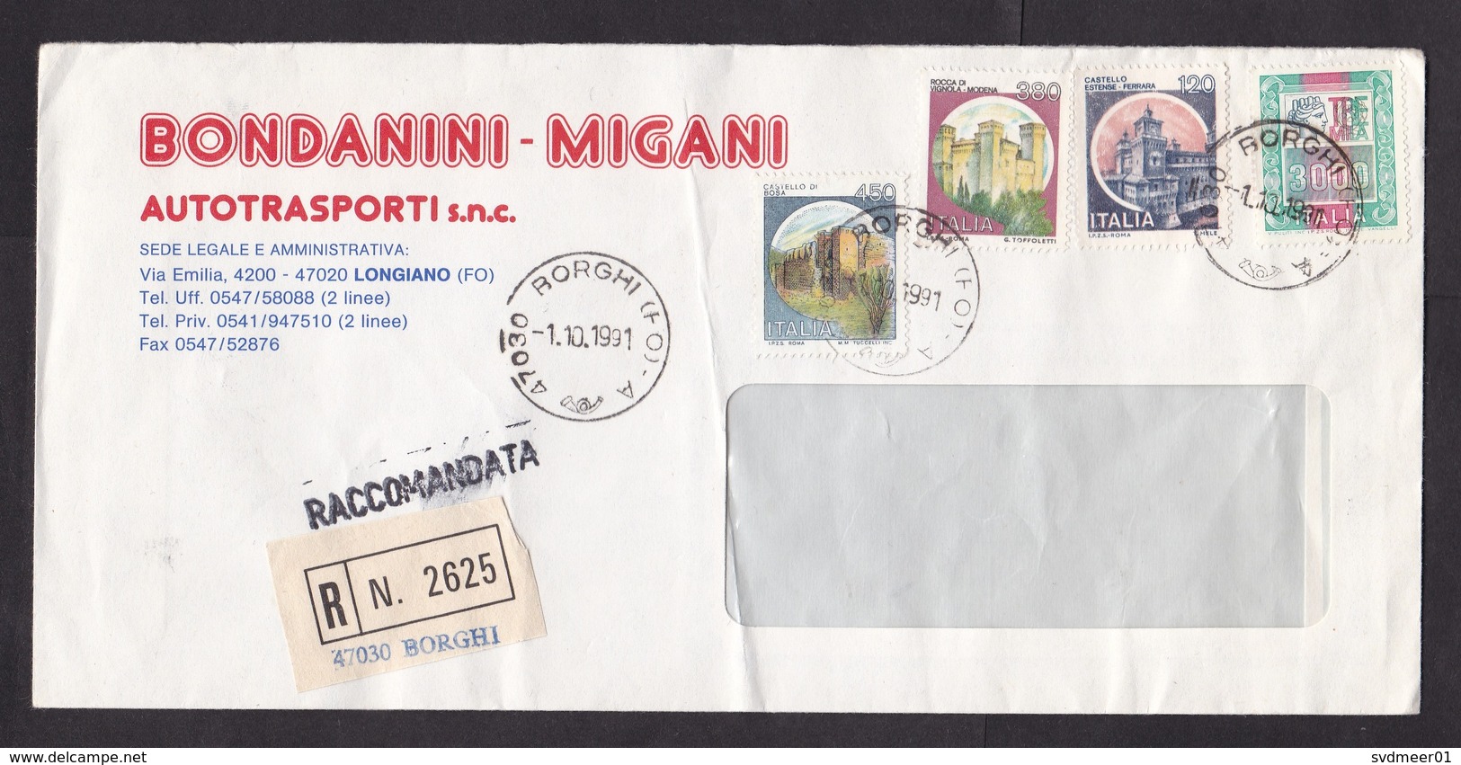 Italy: Registered Cover, 1991, 4 Stamps, Castle, Improvised R-label Borghi (damaged, Fold) - Andere & Zonder Classificatie