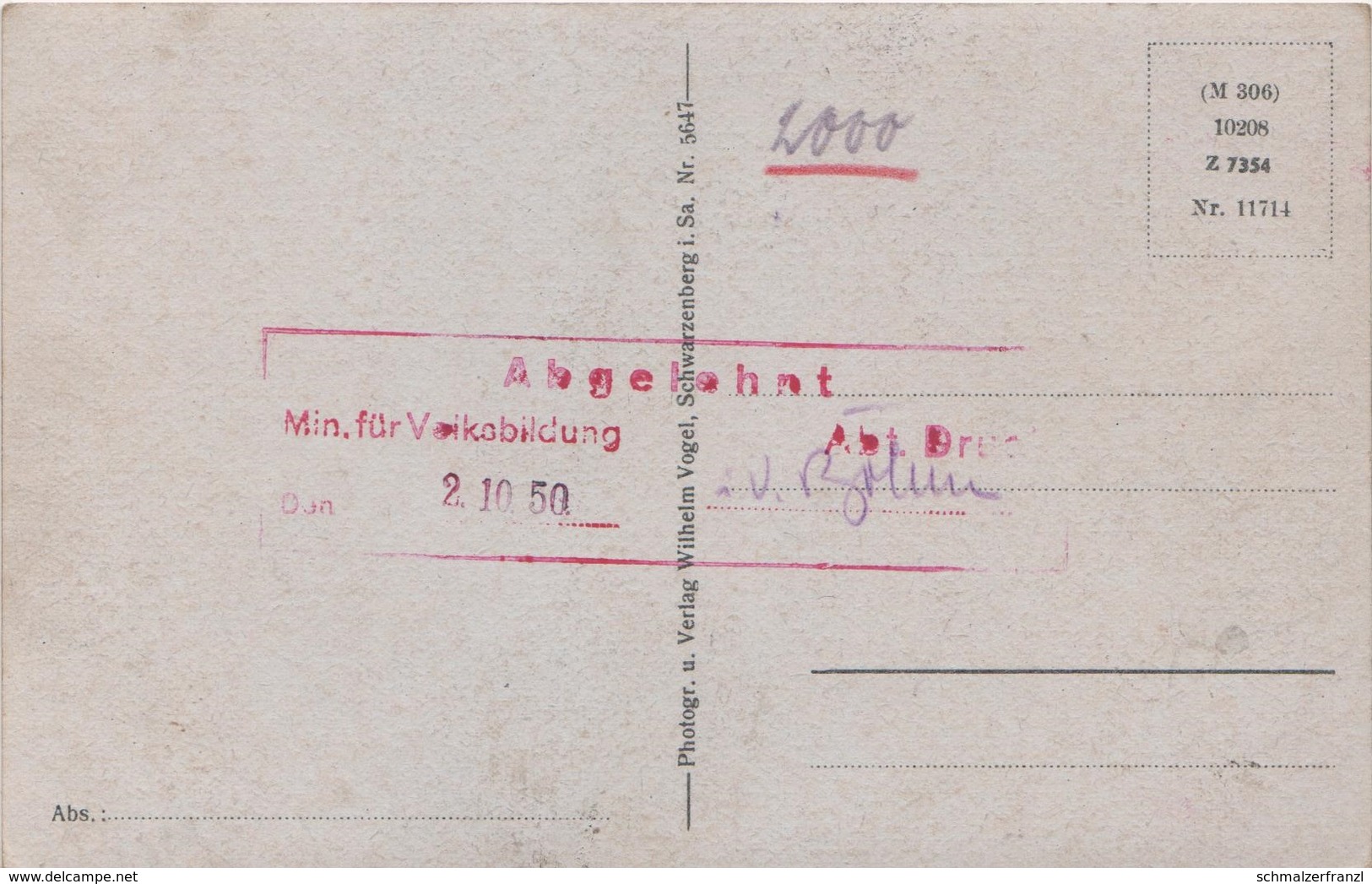 Vorlagekarte AK Breitenbrunn Unterer Ortsteil Vogel Schwarzenberg Stempel Motiv Abgelehnt 1950 Selten Erzgebirge DDR - Breitenbrunn