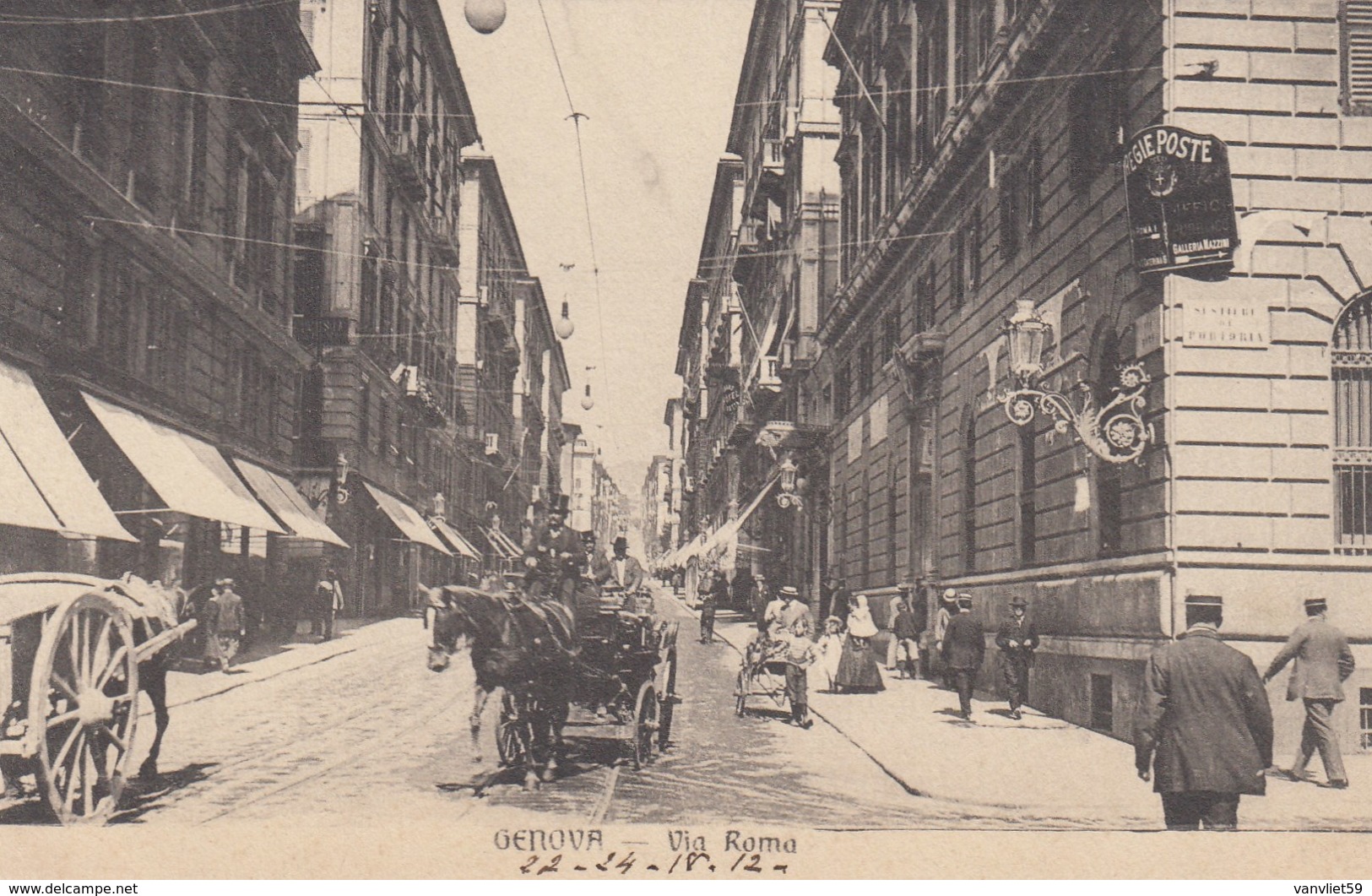 GENOVA-VIA ROMA-ANIMATISSIMA CON CARROZZA A CAVALLI IN PP-CARTOLINA NON VIAGGIATA-DATATA 24-4-1912 - Genova