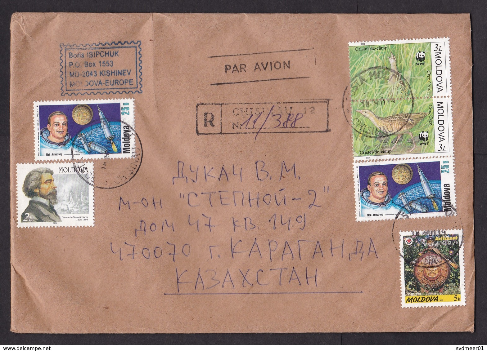 Moldova: Registered Cover To Kazakhstan, 2001, 6 Stamps, WWF, Bird, Space, Neil Armstrong, Rare Real Use (traces Of Use) - Moldavie