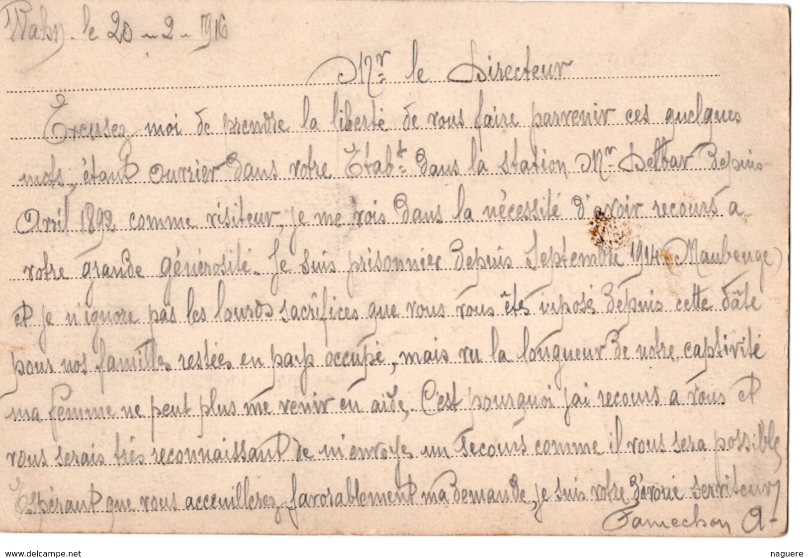 WAHN   PRISONNIERS DE GUERRE  1916  FRANCHISE MILITAIRE  ANZIN - Lettres & Documents