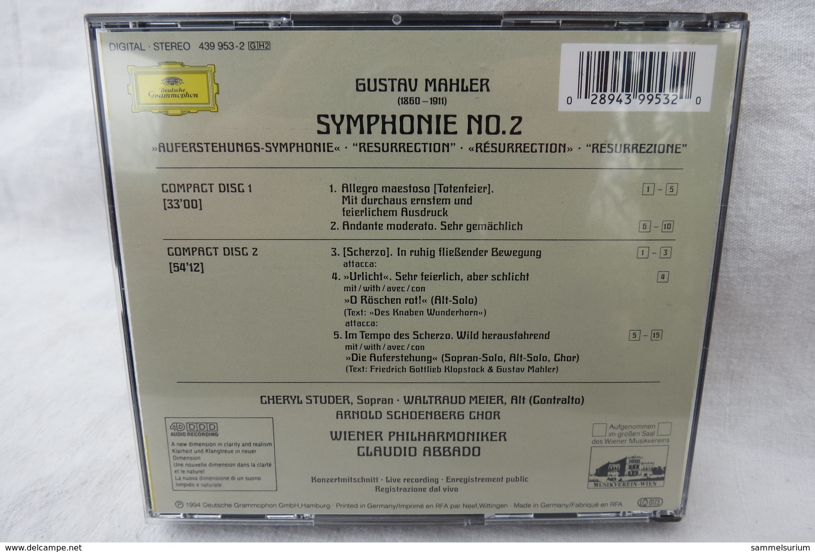 2 CDs "Gustav Mahler" Symphonie No. 2, Auferstehungs-Symphonie, Resurrection, Wiener Philharmoniker, Claudio Abbado - Klassik