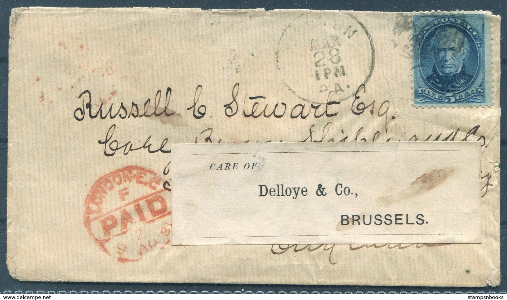 1881 USA Cover - London. Brown Shipley & Co. - Delloye & Co. Redirected Brussels Belgium. Forwarding Agents - Covers & Documents