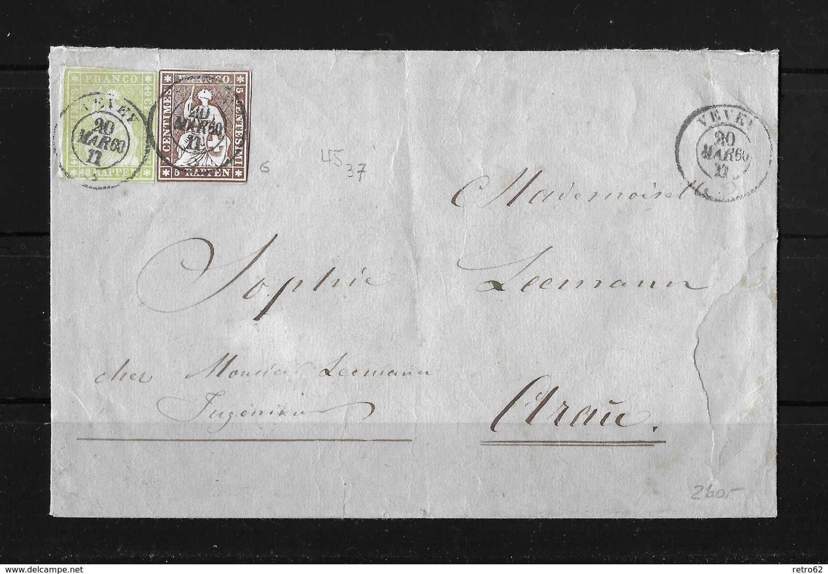 1854-1862 Helvetia (Ungezähnt) Strubel → 1860 Umschlag Vevey Nach Aarau ►Buntfrankatur 22G & 26G◄ - Lettres & Documents