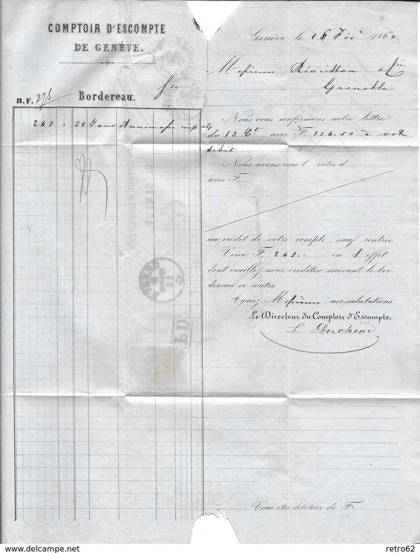 1854-1862 Helvetia (Ungezähnt) Strubel → 1860 PD-Brief Genève Nach Grenoble  ►SBK-26G◄ - Lettres & Documents