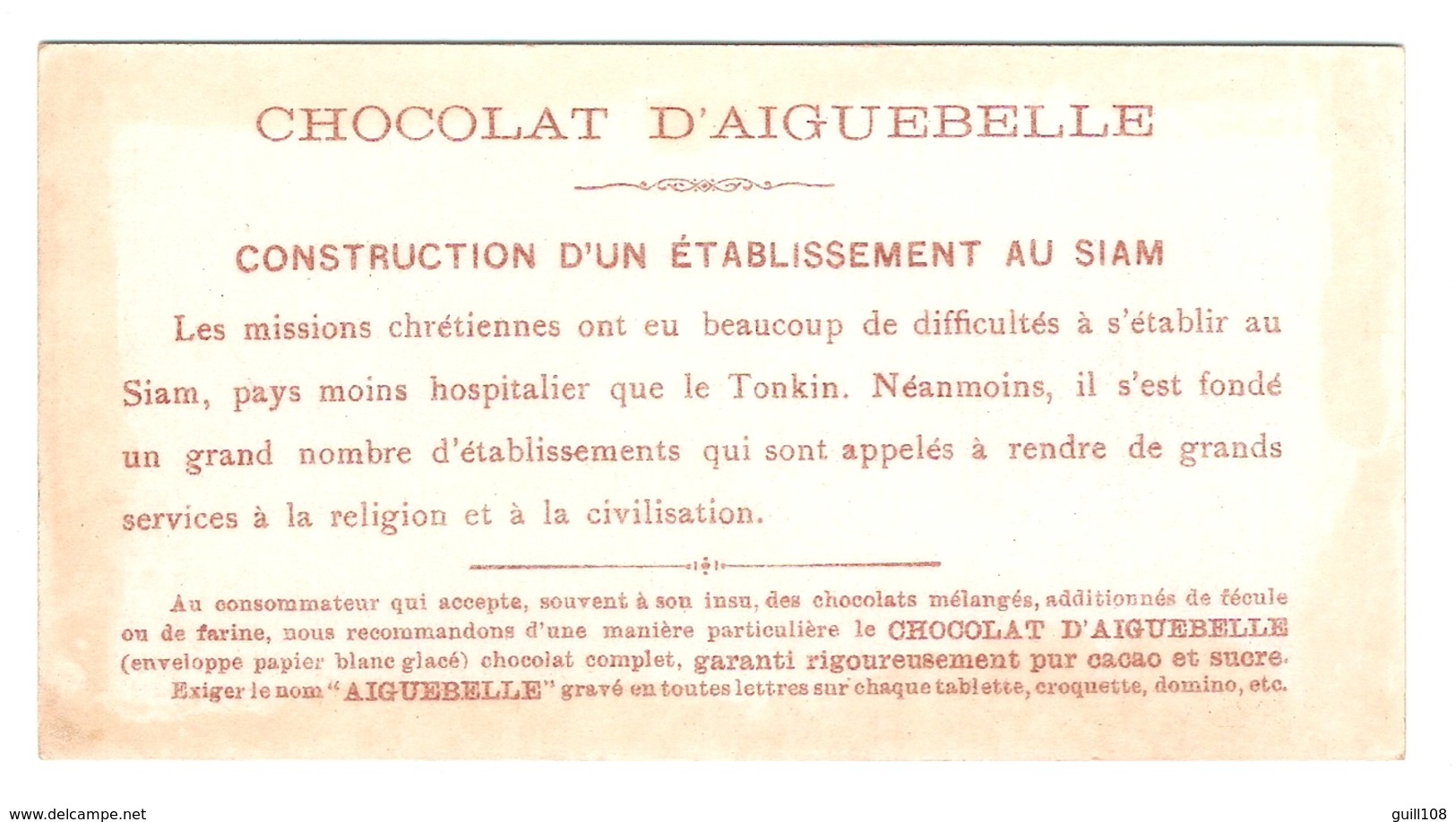 Chromo Chocolat Aiguebelle Religieux établissement Mission Chrétienne Siam French Victorian Trade Card A3-80 - Aiguebelle