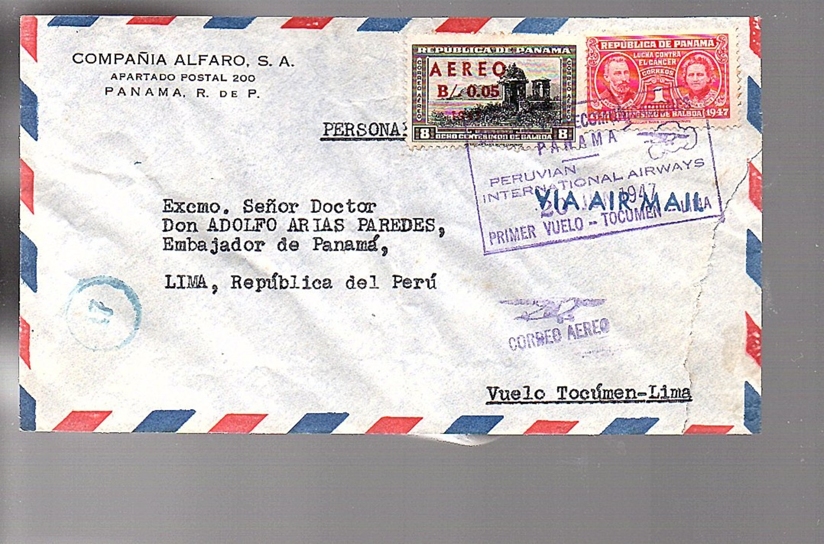 First Flight Tocument 1947 > Lima Peru Ambassador Of Panama SCARCE!! (406) - Panama